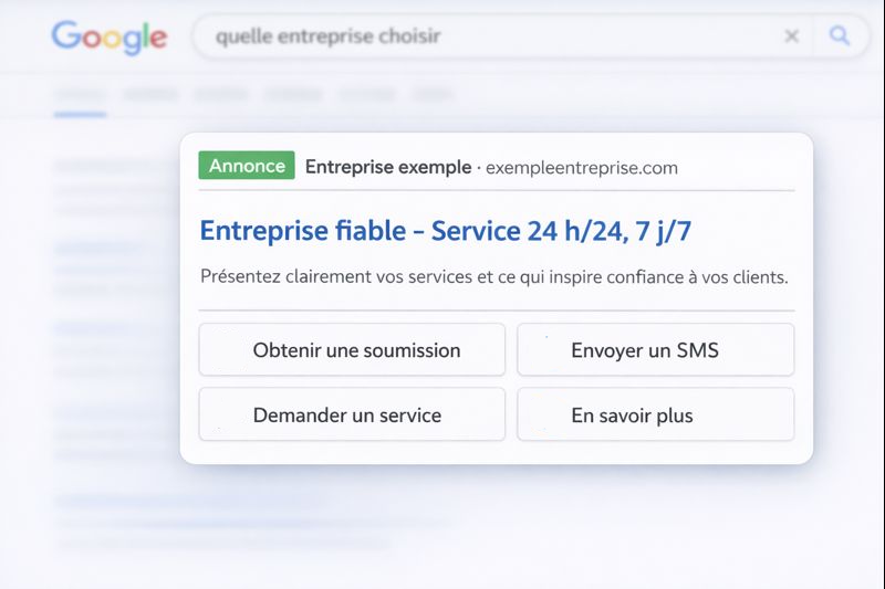 Exemple d’annonce Google sur le réseau de recherche affichée sur une page de résultats floutée